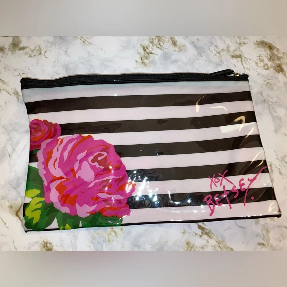 NEW Betsey Johnson Black and White Striped Floral Designer Cosmetic Bag